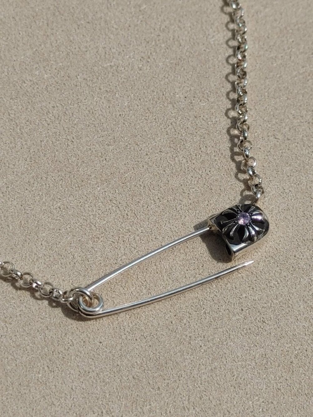 Chrome Hearts Pink Diamond Safety Pin Pendant Necklace Roll Chain Silver 50cm